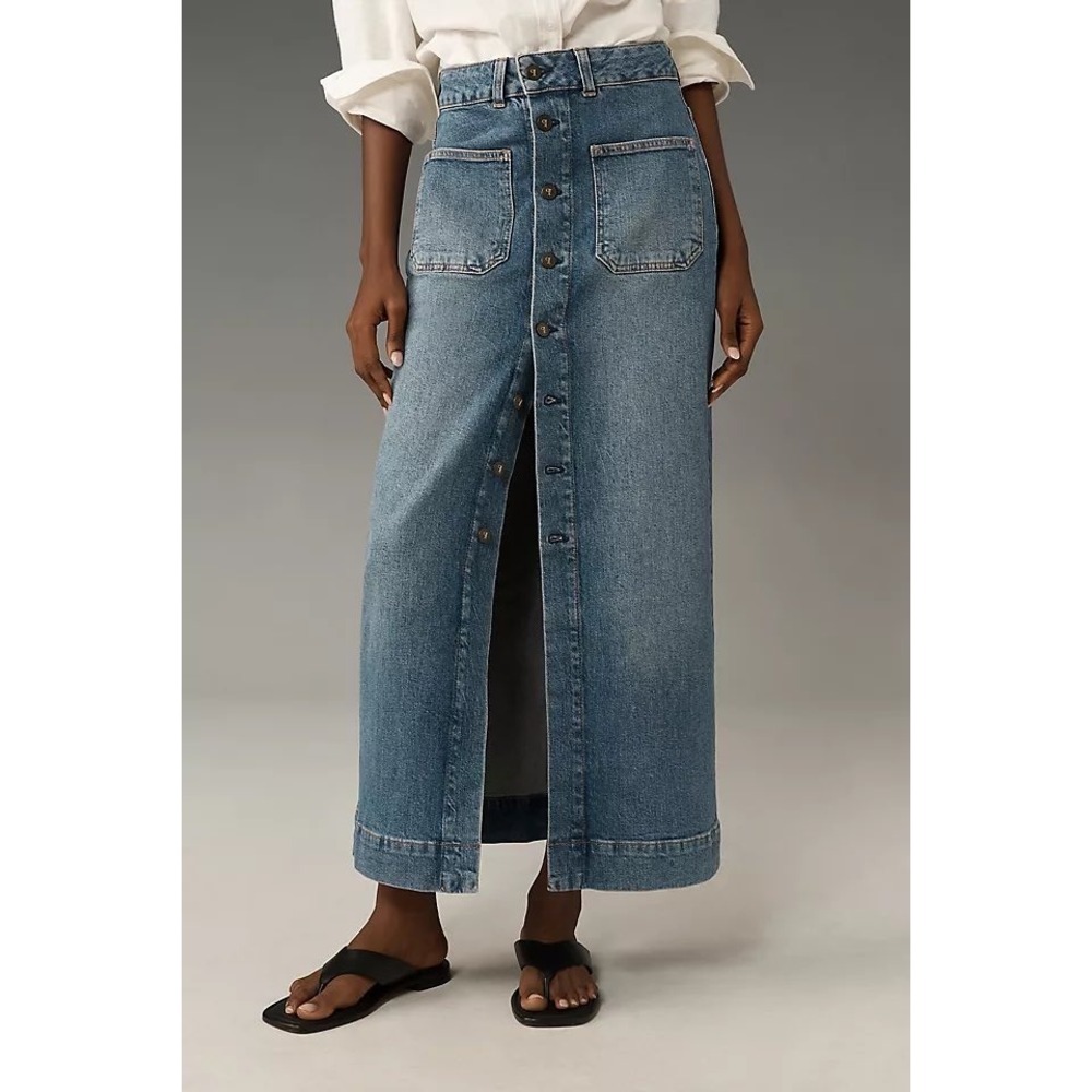 Pilcro Denim Button Front Midi Skirt Anthropologie Medium Wash Jean Skirt 2